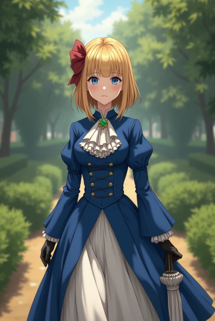 France in the 1890s。The main character of Violet Evergarden has blonde shoulder-length hair with a red ribbon.。She is wearing a classical aristocratic outfit based on ultramarine blue, with a white ribbon on her chest and an emerald necklace in the center.。He has black leather gloves on both his arms.。She has very beautiful blue eyes。In the background you can see a slightly blurred French garden.。She always looks sad and lonely。Beautiful and realistic photos.。She is walking in the distance and has an umbrella。She is wearing a white flared skirt.