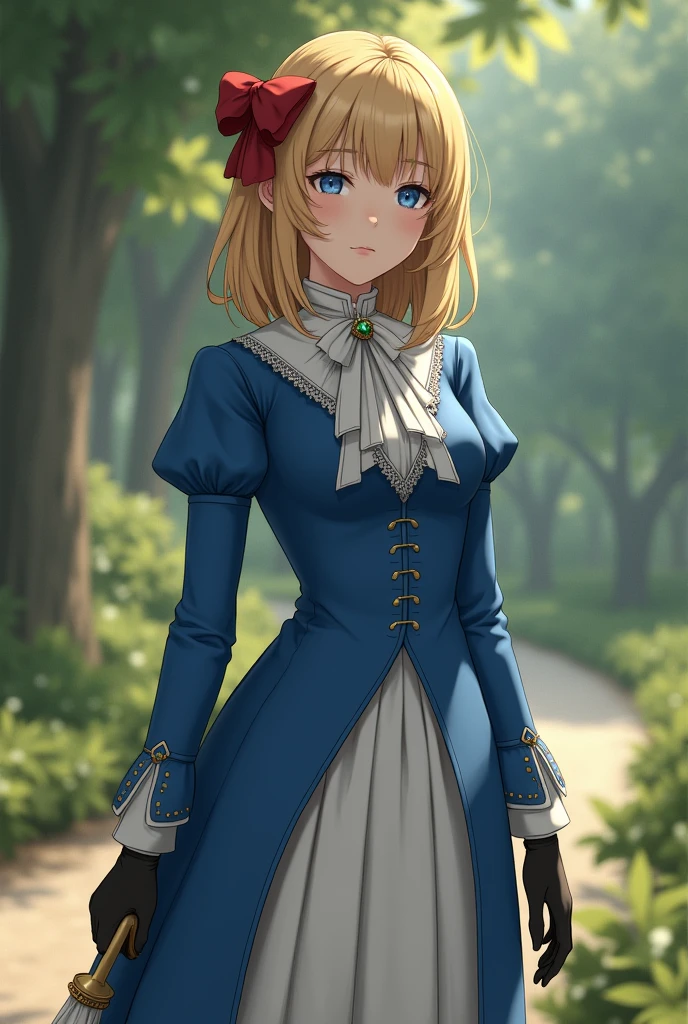 France in the 1890s。The main character of Violet Evergarden has blonde shoulder-length hair with a red ribbon.。She is wearing a classical aristocratic outfit based on ultramarine blue, with a white ribbon on her chest and an emerald necklace in the center.。He has black leather gloves on both his arms.。She has very beautiful blue eyes。In the background you can see a slightly blurred French garden.。She always looks sad and lonely。Beautiful and realistic photos.。She is walking in the distance and has an umbrella。She is wearing a white flared skirt.