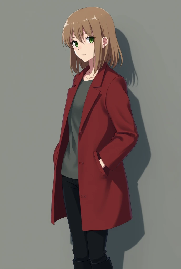 More mature anime style image. A gray background image. A teenage girl with shoulder-length light brown hair, clear green eyes, had a serious expression on his face, wore a gray blouse with a red overcoat along with black pants together with boots. He kept his hands in his coat pockets.. Even with the serious expression, still gave a feeling of being a nice person.