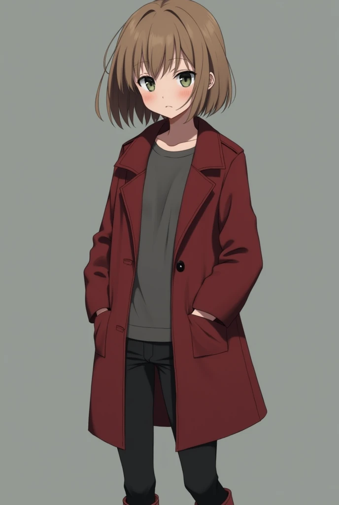 More mature anime style image. A gray background image. A age girl with shoulder-length light brown hair, clear green eyes, had a serious expression on his face, wore a gray blouse with a red overcoat along with black pants together with boots. He kept his hands in his coat pockets.. Even with the serious expression, still gave a feeling of being a nice person.