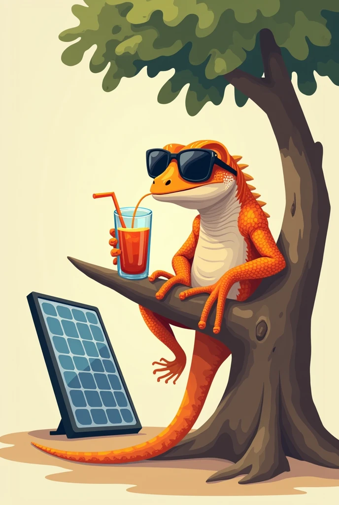 a lizard relaxing having a refreshing drink and sunbathing leaning on a tree branch with sunglasses, designed logo style in orborous format, with solar panels next to it