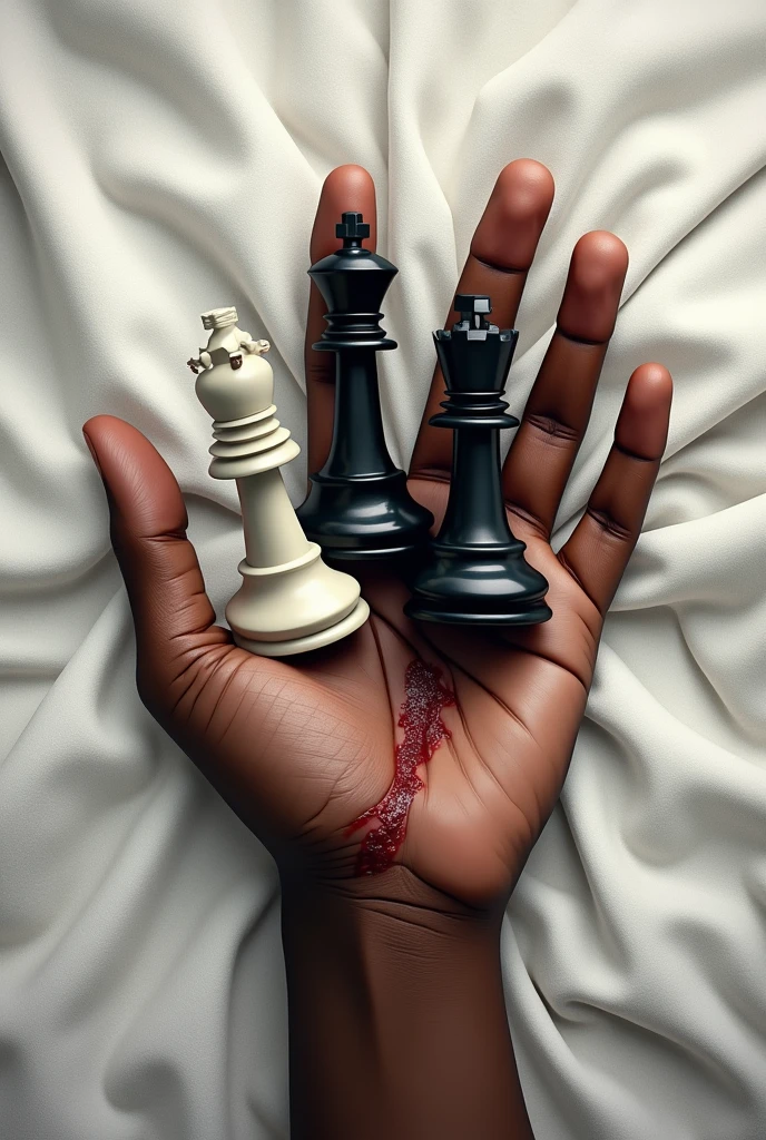 a cover for my slavery book seen from above, A white king and a black king of chess on the wounded palm of a Negro on a white background composed of cottons the name of the book, zombie's( written in Portuguese