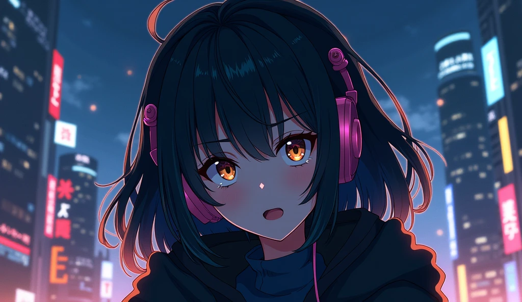 Anime character genre:Woman's skin:Gray Hair: Black background:Posing with the night city as a backdrop:Outfit with mischievous eyes and waving:Black jacket, half of the character's body is visible, making him look bigger than the city, brown eyes ,Headphones