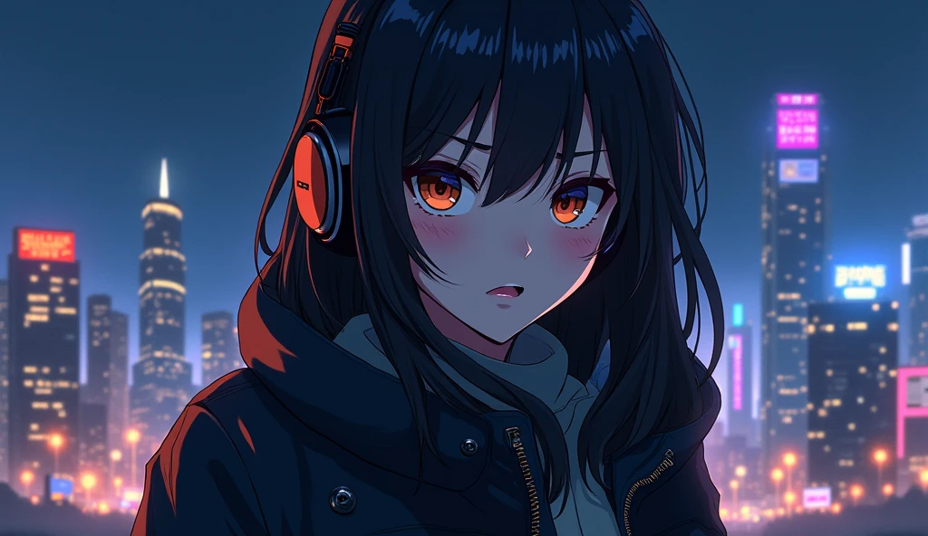 Anime character genre:Woman's skin:Gray Hair: Black background:Posing with the night city as a backdrop:Outfit with mischievous eyes and waving:Black jacket, half of the character's body is visible, making him look bigger than the city, brown eyes ,Headphones