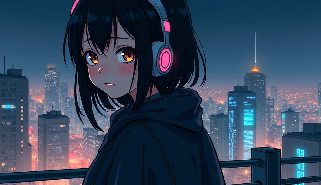 Anime character genre:Woman&#39;s skin:Gray Hair: Black background:Posing with the night city as a backdrop:Outfit with mischievous eyes and waving:Black jacket, half of the character&#39;s body is visible, making him look bigger than the city, brown eyes ,Headphones