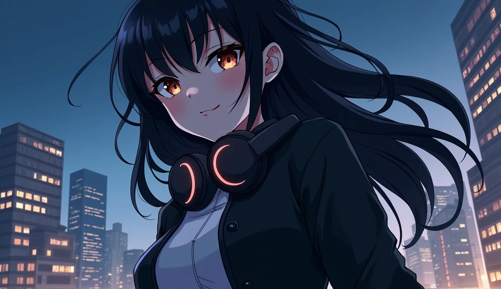 Anime character genre:Woman&#39;s skin:Gray Hair: Black background:Posing with the night city as a backdrop:Outfit with mischievous eyes and waving:Black jacket, half of the character&#39;s body is visible, making him look bigger than the city, brown eyes ,Headphones