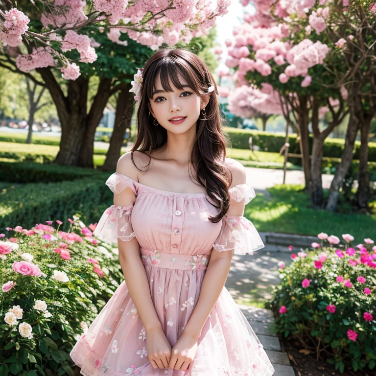 laughing out loud,travel scenery photos,Wear a sweet dress,Dress with pink flower pattern,Floral pattern scattered throughout the dress,Puff sleeves,Princess puff sleeves,Short sleeve,One-piece hem A-line skirt,There is a layer of transparent mesh outside the skirt, Fluffy and lightweight dress,The dress is made of mesh, There are pink ribbon bows on both sides of the collarbone.,1 female, On the face, light brown hair, blunt bangs, hair behind ears, Shoulder-length hair, long hair, Slender body type, 超face slimming型, face slimming, delicate lips, beautiful eyes, Thin blush, Eyes are light brown,View here, (actual:1.3), One person's perspective, 8k, Super detailed, high quality, best quality, High resolution,2,above knee shot,Breast protrusion,Full breasts
