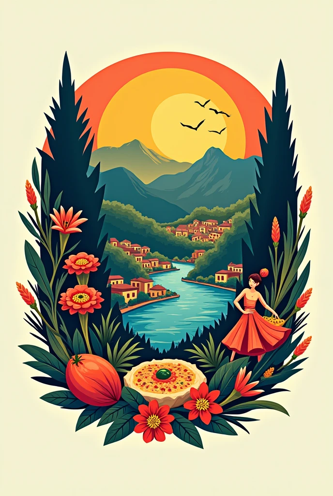 Logo inspired by Santa Cruz- Bolivia with characteristic things from Santa Cruz, food, bailes, Flora and fauna