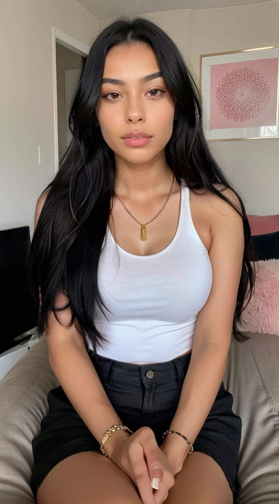 realistic photo of an 1 black and Brazilian teenager, extremely long black hair with pink measurements, is watching a movie on a modern digital TV and is eating popcorn, this one with necklace, 耳环, bracelet and it is very beautiful. The young woman is taking a selfie of her entire body and face, the photo is from far away, very far away , eyes to the viewer , size 16:9 She is at home sitting on her big sofa