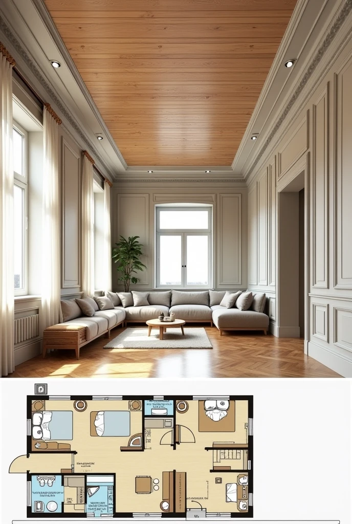 Floor plans, cross sections Beautiful, detailed wooden ceiling interior design. Overall 40m2, with molding details. Modern style, bright colors.