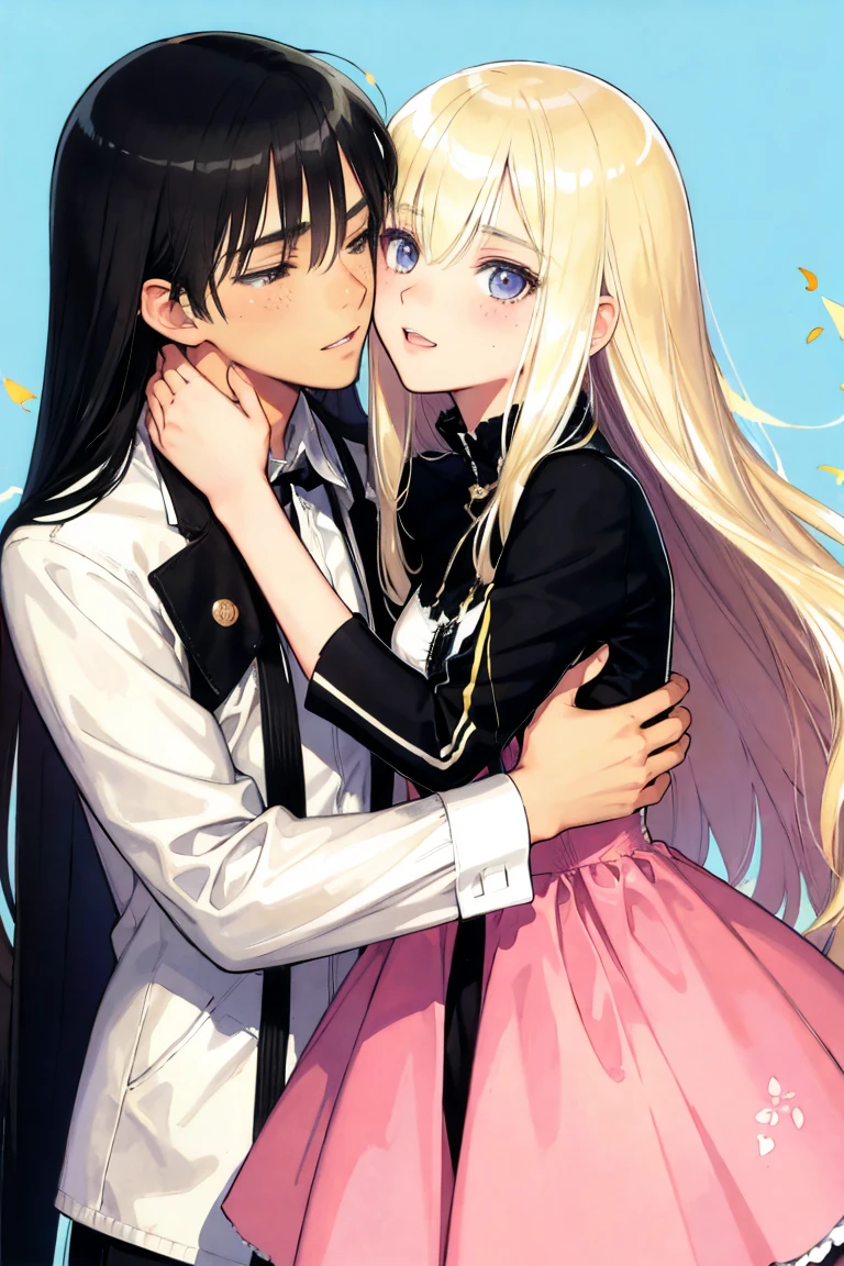 shy, kiss, kissing, lovers, couple, man and woman, love, mature, a cat woman, she has freckles, she has dark brown eyes and an upturned nose, she is happy and smiling, she has long wavy hair, black hair, she is wearing aviator sunglasses with clear lenses in a soft watercolor style. The girl's clothes must be pink, purple, and blue in celebration of the bisexual, with stains of ink and watercolor mixing and filling the scene. he has blonde hair, he is handsome, he is slim. There should be a subtle, nuanced change in colors using the impasto technique with gouache paint. There should be a light rain in the watercolor painting with a little watercolor paper texture and a pastel background.