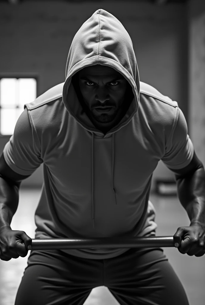 Functional training with a t-shirt and hood without showing the face but aggressive