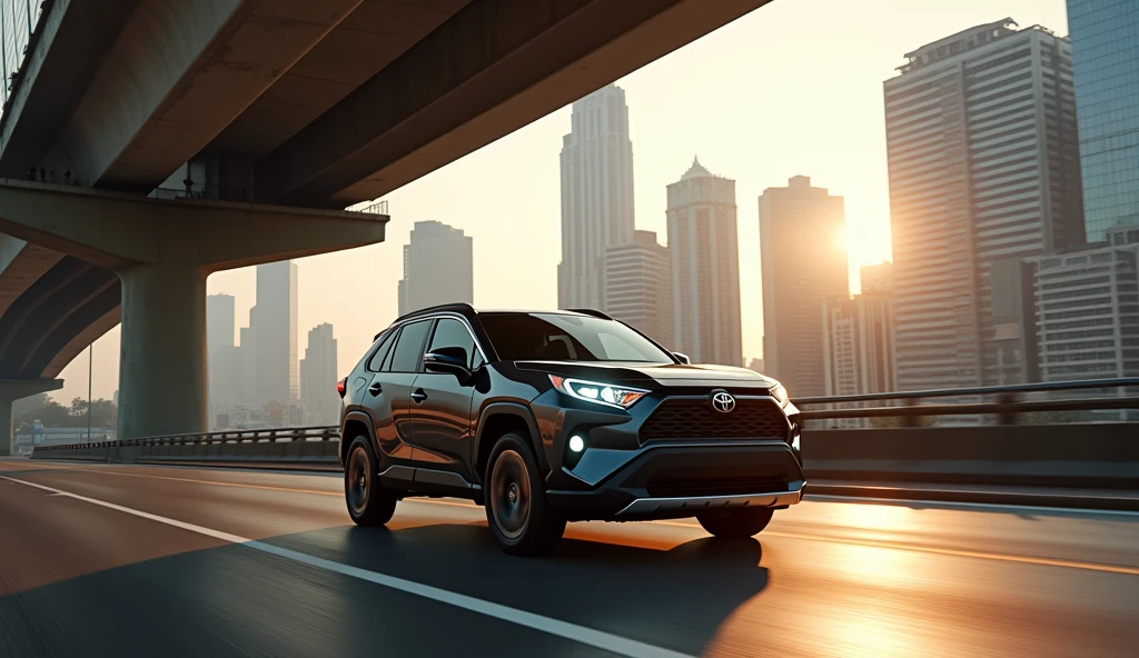Toyota rav4 with a very bright headlight under a fly over at dawn in a cityscape