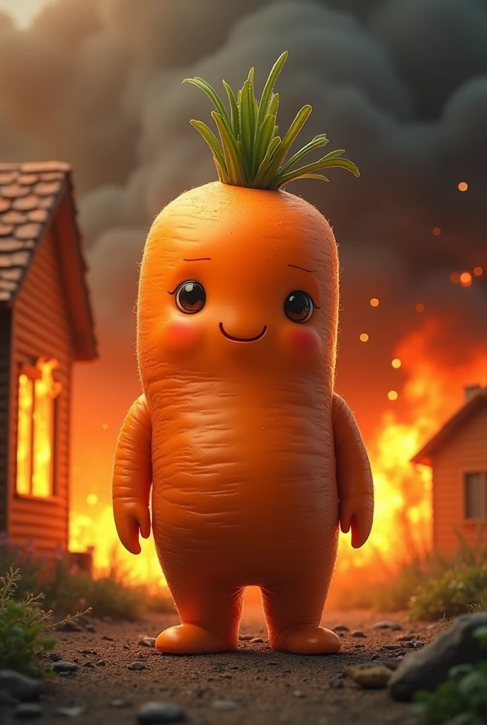 Innocent Fat orange carrot man, house fire in the background