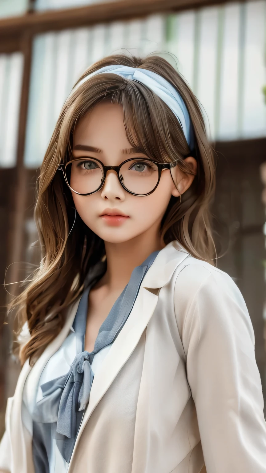 Highest quality、Realistic、、Japanese、zoom、cute、classroom、Grey Eyes、Light brown hair、Bob Hair、Off-white blazer、White blouse、ribbon、Blue Check Pleated Skirt、Face close-up、thin、Small breasts、Pouting、freckles、Glasses、head band