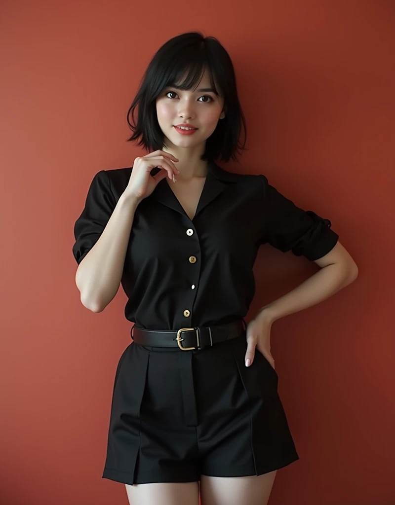 RAW photo, best quality, masterpiece, photorealistic, Polish girl, 20 years old, black hair, Light grey eyes, short bob cut, hair in 7 thirds, hair over one ear, Symmetrical eyes, pale skin, Big Breasts, rip gloss, Gel Nails, Various poses, Accessories, various poses, smiles