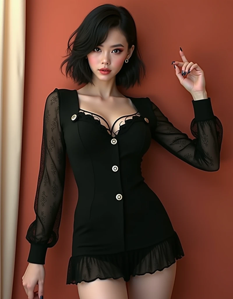 RAW photo, best quality, masterpiece, photorealistic, Polish girl, 20 years old, black hair, Light grey eyes, short bob cut, hair in 7 thirds, hair over one ear, Symmetrical eyes, pale skin, Big Breasts, rip gloss, Gel Nails, Various poses, Accessories, various poses, smiles