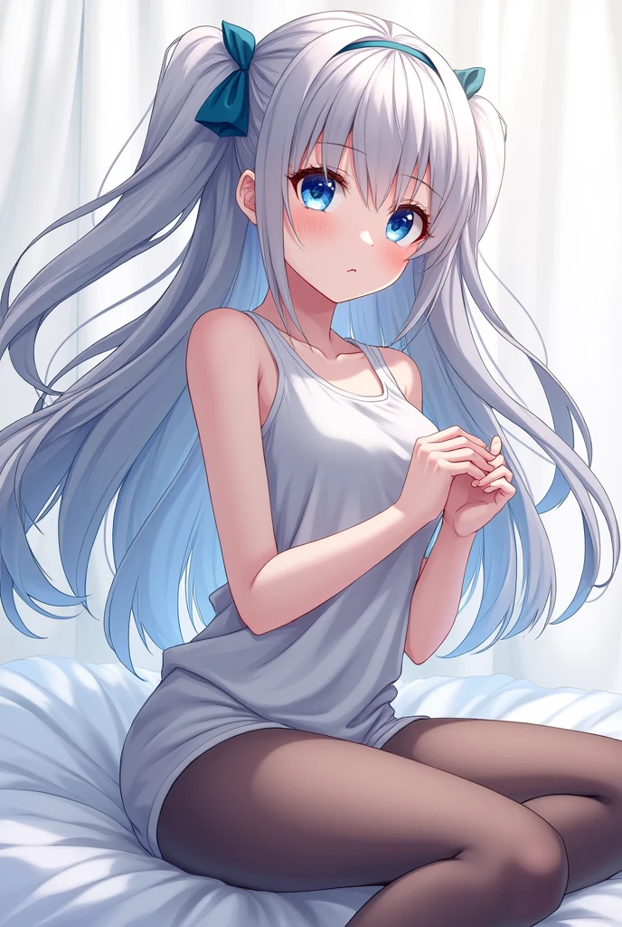 1girl,Anime Role,long hair,hair ribbon,blue eyes,grey hair,semi-opaque stockings,(white stockings_1.5),shiny_panty,Foot micro movement