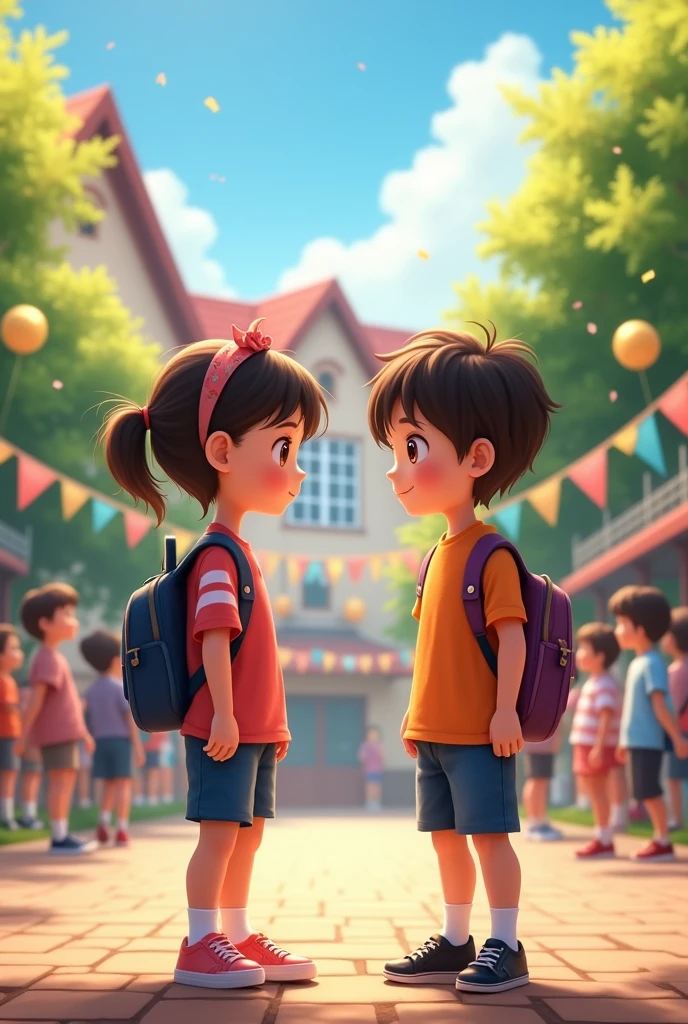 It shows a school anniversary and two children talking.