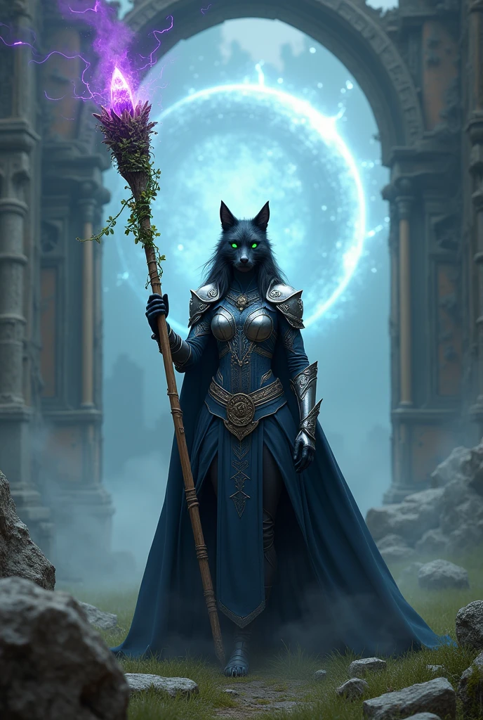 black female werewolf with green eyes wearing a ceremonial navy blue cape and smooth, simple, shiny angelic silver armor. She holds a wooden staff with a vine wrapped around it and a purple crystal at the end., where she lifts him to the sky She is in front of a dimensional portal in the middle of ruins, placed in an open field,