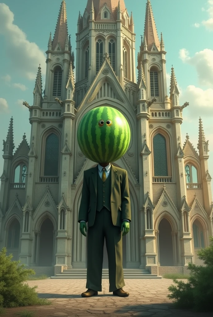 Man with watermelon feature in front of jma church in background 