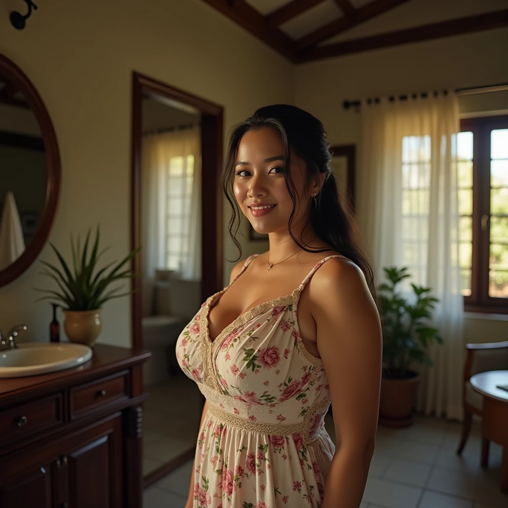 a beautiful indonesian woman, curvacious, tied hair, huge breasted, wearing knee-lenght floral pattern housedress, cleaning the house, holding broom in the living room, look at the viewer, natural light, realistic photography, wide angle shot, detailed facial features, intricate clothing folds, soft lighting, warm color tone, bathroom, photorealistic, cinematic composition, high quality, 8k, masterpiece