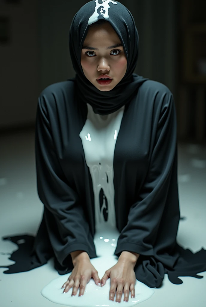 Shocked curvy malay hijab girl on her knees gets drenched in white fluid on her face and big chest
