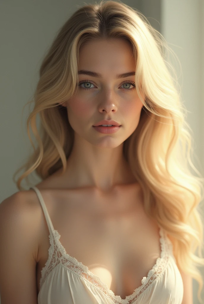 Blonde with straight hair, soft face and chest