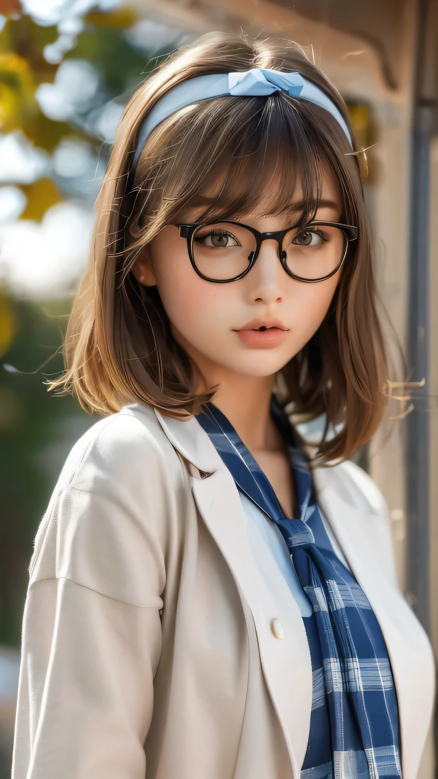 Highest quality、Realistic、、Japanese、zoom、cute、classroom、Grey Eyes、Light brown hair、Bob Hair、Off-white blazer、White blouse、ribbon、Blue Check Pleated Skirt、Face close-up、thin、Small breasts、Pouting、freckles、Glasses、head band