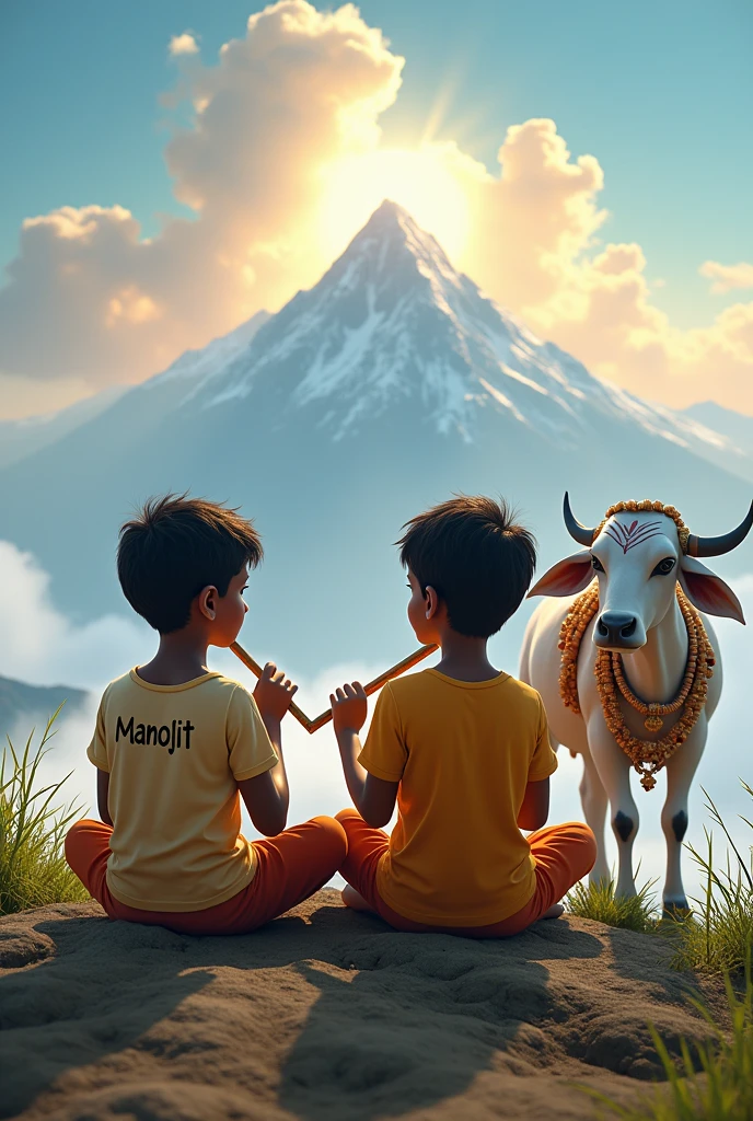 Realistic one photo 2 Indian boy sitting next to Krishna and Krishna ji is playing flute, they both sit together on mountain, both are playing flute, boy is wearing t-shirt with name “Manojit” written on it, heaven like beautiful view background, backdrop dance, italic image dry boy is bare foot, boy is handsome, cow is standing nearby, cow is decorated, 4k high quality, high resolution pic