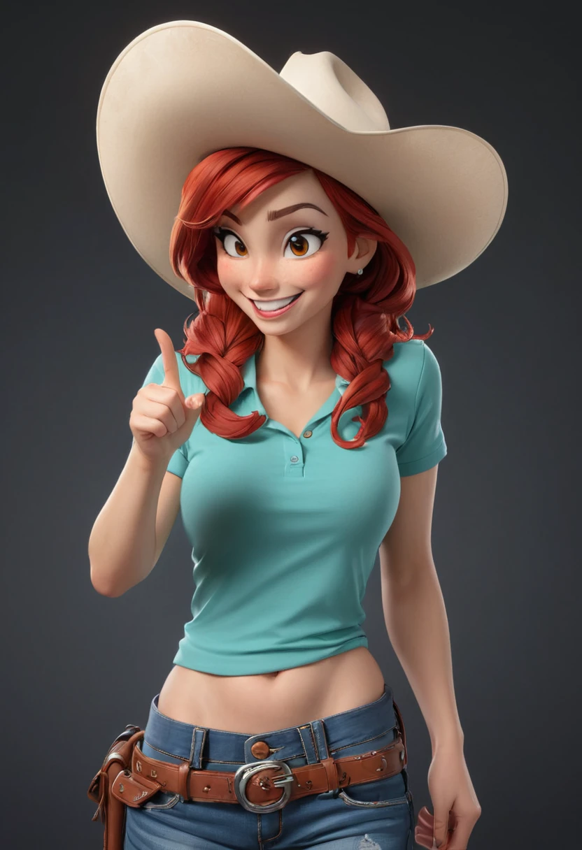 cowgril, farm girl (((caucasian, red HAIR, red hair, brown eyes, red eyes))), ((((tinted hair)))), skiny, front,front, ((happy expression))), laugh,(((pointing to left side))), pointing, with hat,((cowboy hat)), ((with the left hand pointing with the finger)) (((happy expression))), (((black background, black background color)))