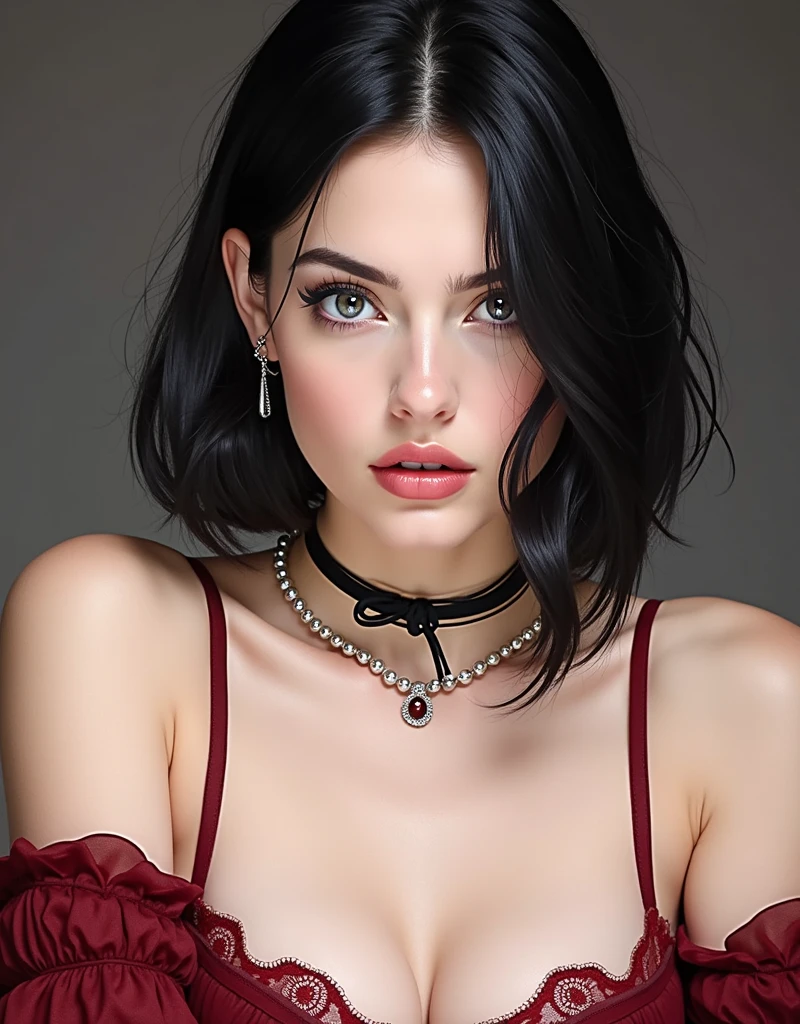 RAW photo, best quality, masterpiece, photorealistic, Polish girl, 20 years old, black hair, Light grey eyes, short bob cut, hair in 7 thirds, hair over one ear, Symmetrical eyes, pale skin, Big Breasts, rip gloss,