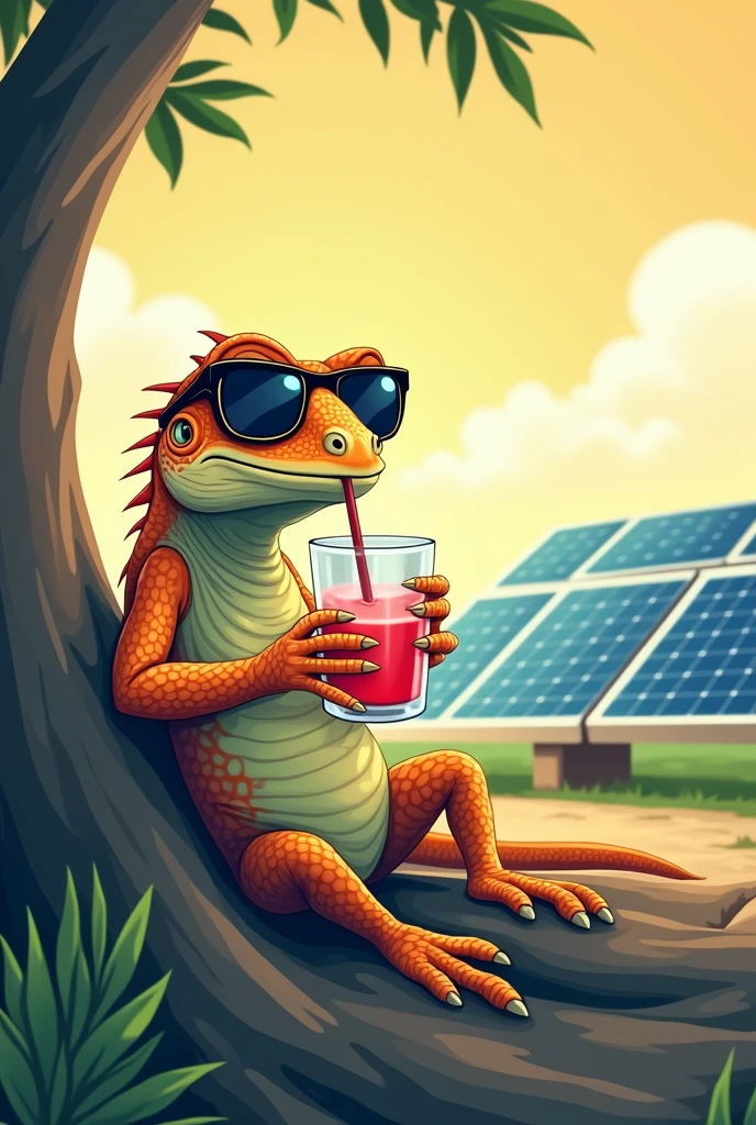 a lizard relaxing having a refreshing drink and sunbathing leaning on a tree branch with sunglasses, designed logo style in orborous format, with solar panels next to it
