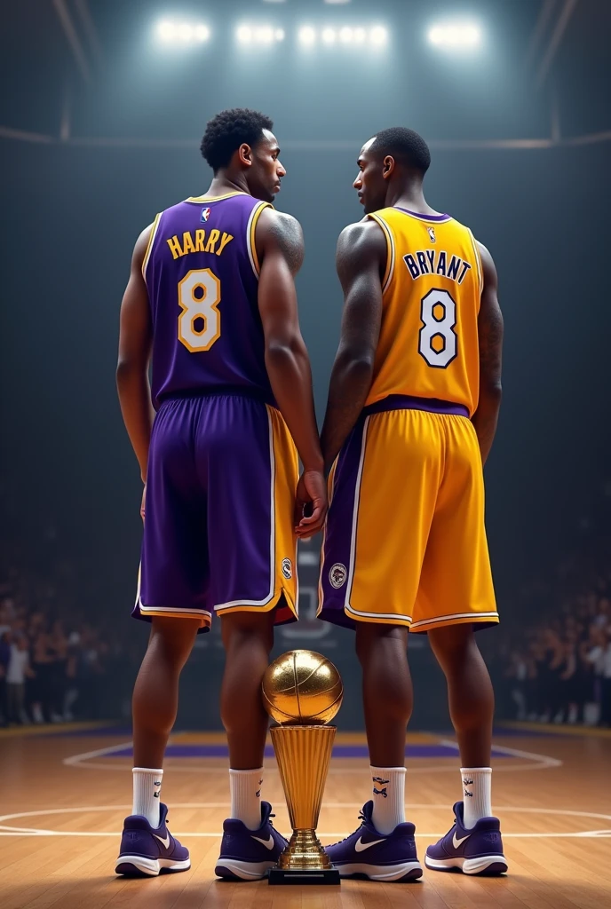 One basketball player with Lakers jersey with 8 number at back of jersey with harry name on jersey standing with kobe Bryant with trophy at floor