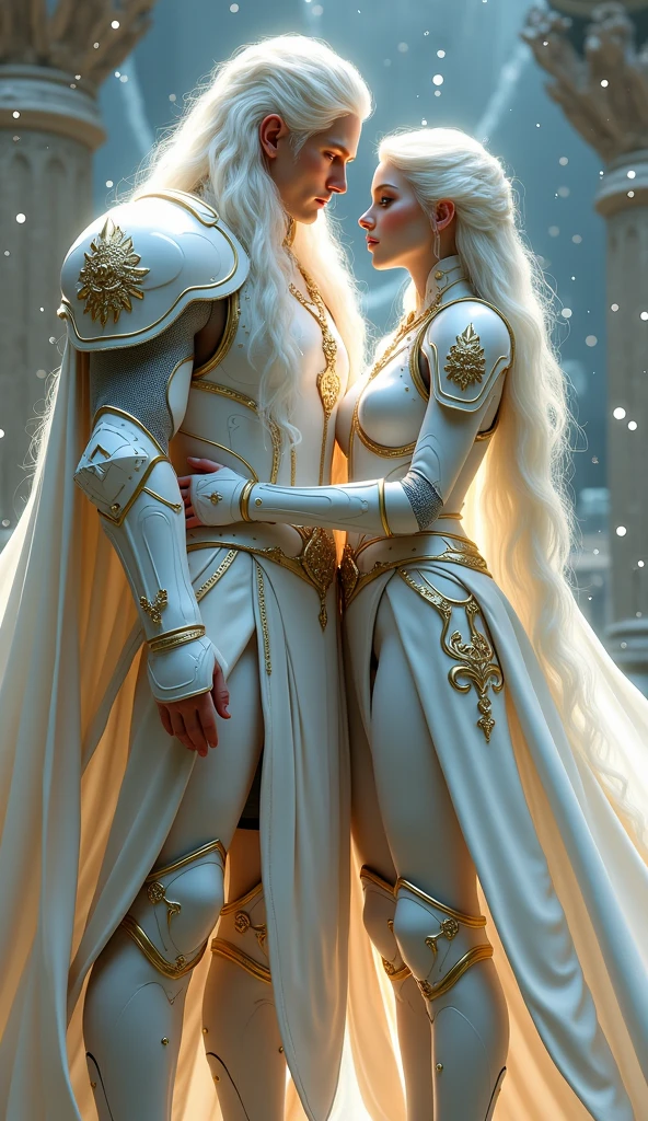 A young white haired man, very long neon white shiny hair, and woman with White armor and a cape related to the Knights of the Zodiac, stardust, crystal stardust, His armor will have the combination of a lion spirit and a puma and his human companion with a neon white armor with the spirit of a white dog