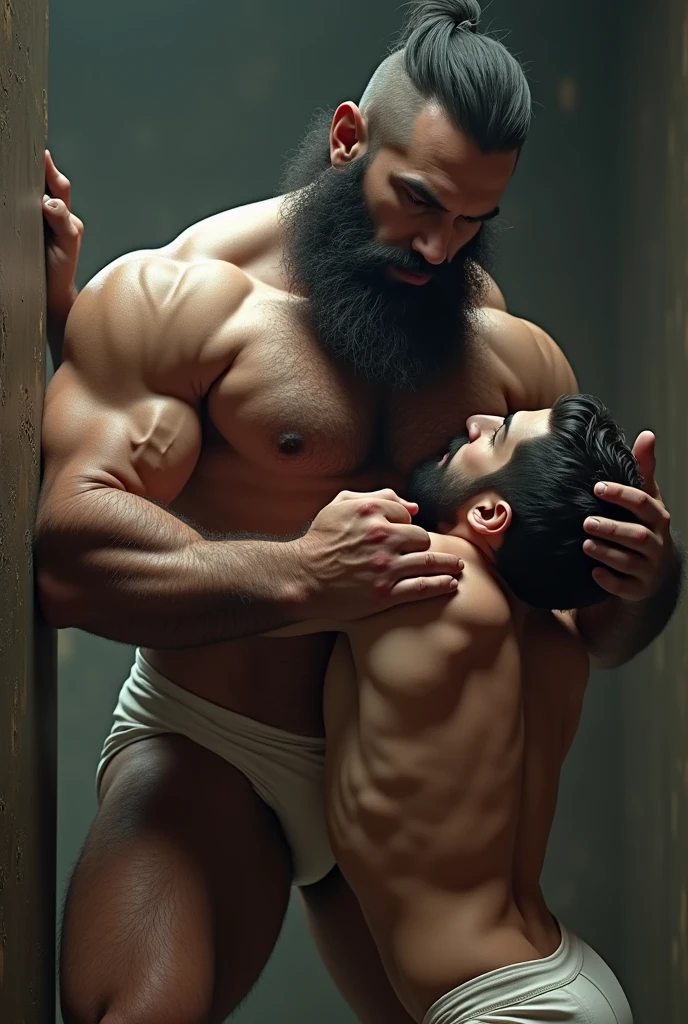 Iranian man huge big muscular hairy and bearded, in white underwear, very hairy, a lot of fur, pinning a man to the wall.