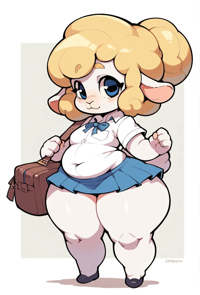 Furry Sheep Female,,Legs Ungulated，Blonde  hair , shortstack, wide hips,chubby, skirt pusy huge 