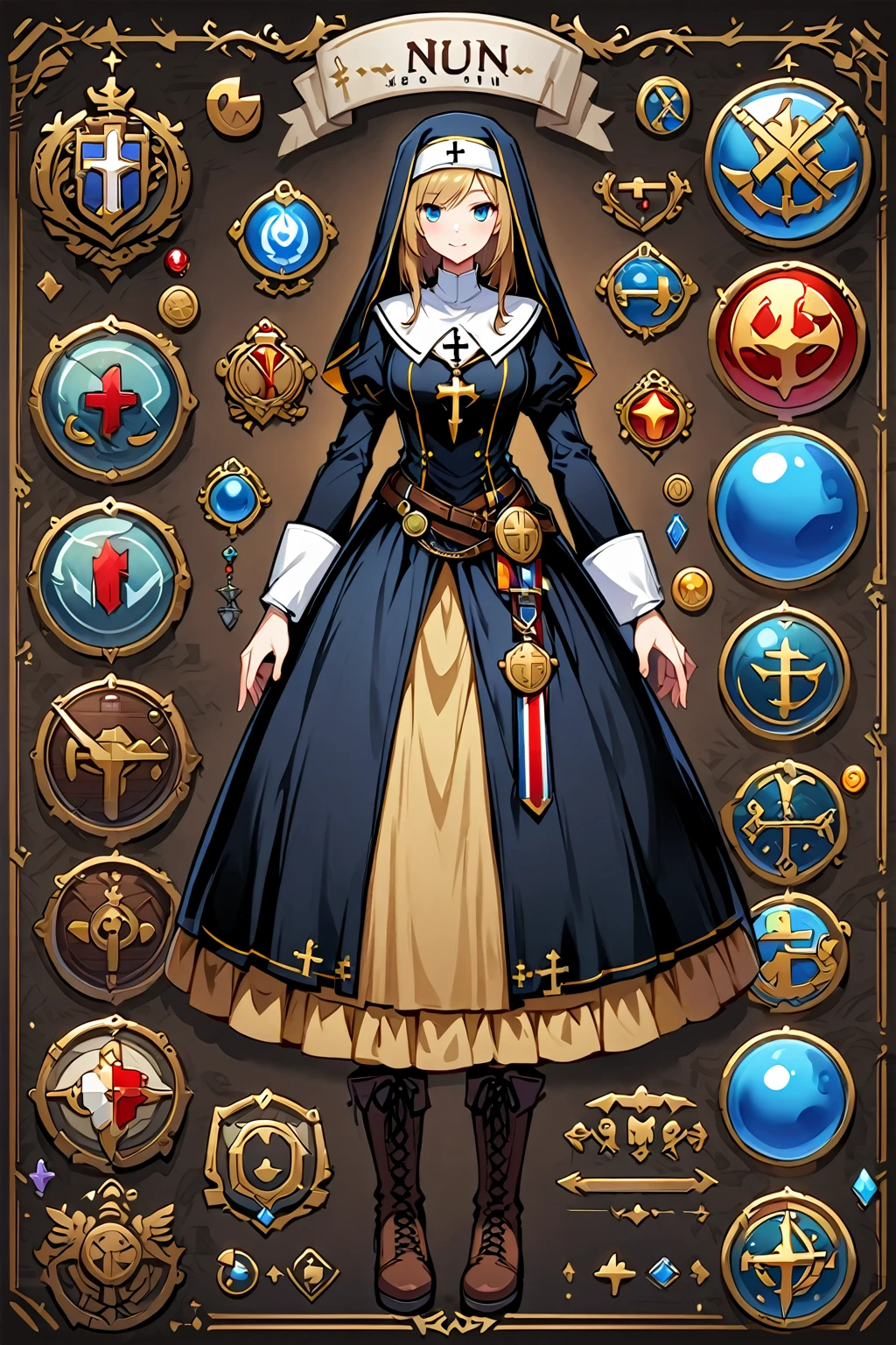 Framed Presentation of a nun, woman character design sheet for a video game with detailed accessories, boots, multiple icons, and nun dresses, Ball Gown, buttons to customize the character to your liking, sphere,(game icon),medal icon,rpg,