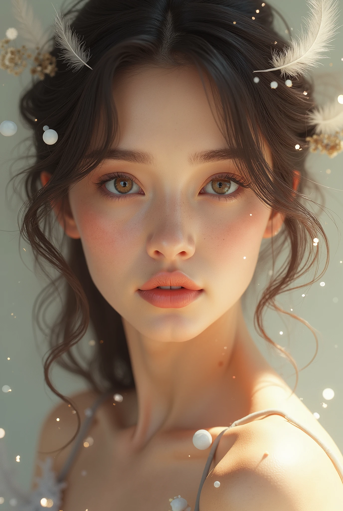 full body, free spirit, highly detailed face, award-winning composition, by Lois van Baarle, Artgerm, Carne Griffiths, feathers, hyper realistic fine detailed art
Beautiful Woman full head-to-shoulder portrait, medium full shot Portrait, perfect detailed face, detailed symmetric hazel eyes with circular iris soft natural lighting, symmetrical, natural skin texture, soft lighting, detailed face, photorealism, soft pastel colors sparkling, looking into the camera, photorealistic painting, sharp focus, 8k, perfect composition, trending on artstation, award-winning photograph, unreal engine 5, cinematic smooth, intricate detail, studio photo, highly detailed. simple background.