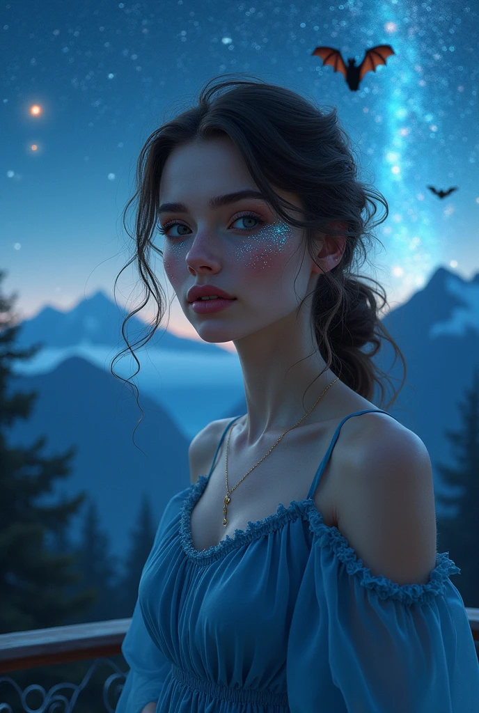 an extremely beautiful woman, tender, full lips, small nose, grayish eyes, sparkles on the face, lip gloss, phosphorescent light, Blue dress, on a balcony at night, meteor shower, mountains of switzerland, a man with bat wings and a baby bat with bat wings flying behind