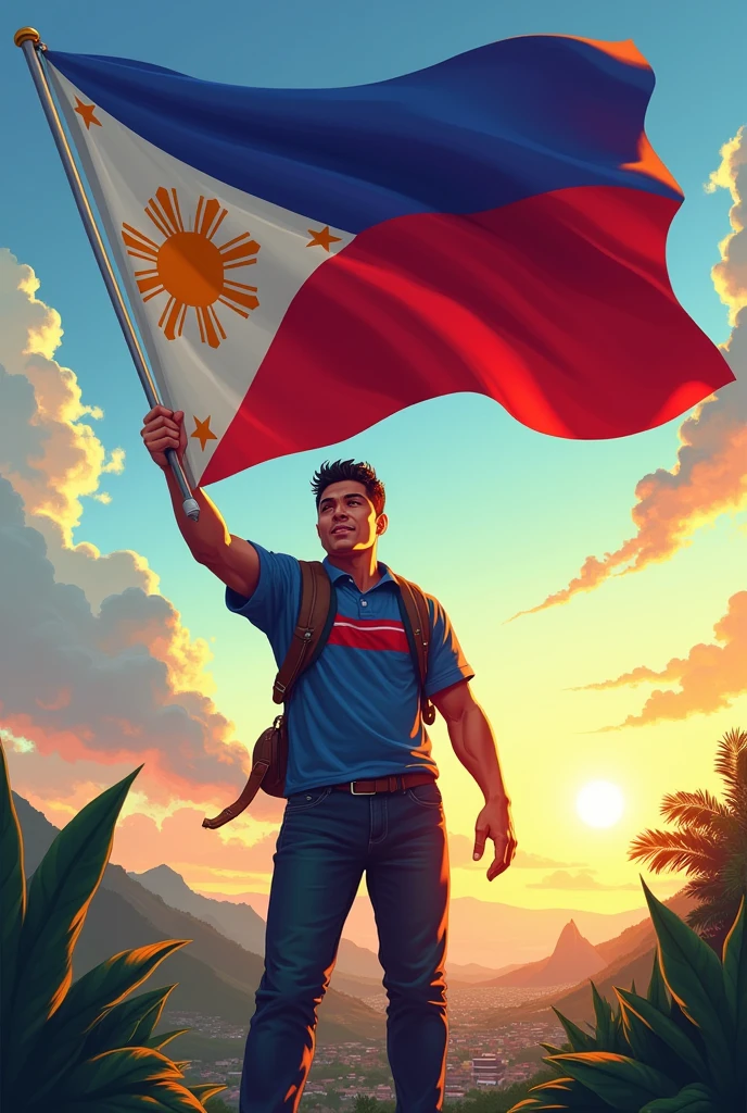 create a art in which a filipino waving a Philippine flag