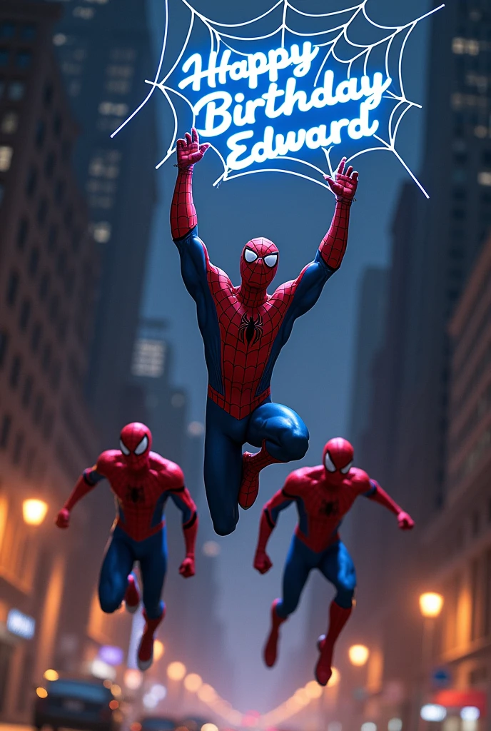 Spiderman jumping at night, with Happy Birthday Edward sign shaped like a spider web on top, 2 Spiderman following him with different suits