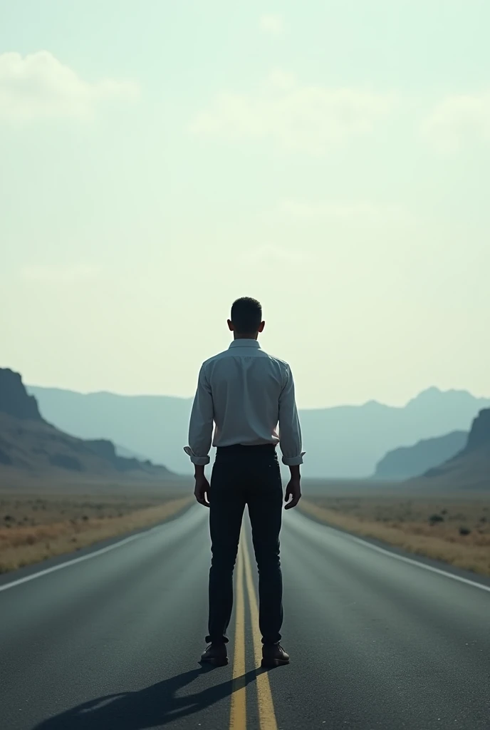 man standing on middle of the road from the back side