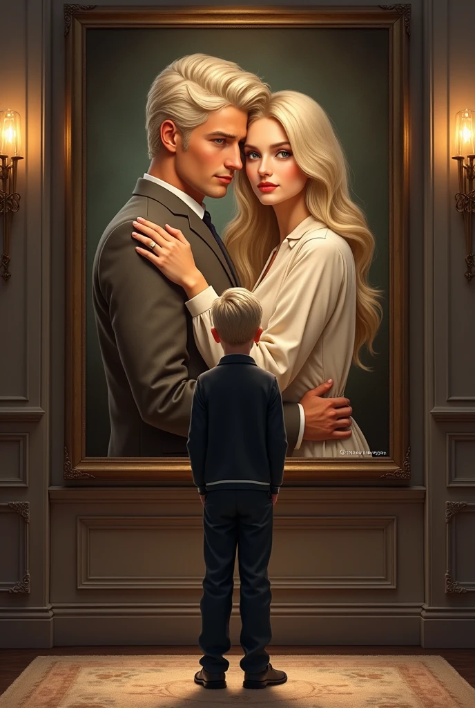 Sad  blond boy in modern luxurious clothes looking at huge photo of his parents young couple red-eyed blond haired father and white-haired mother the most beautiful woman in the world hugging 