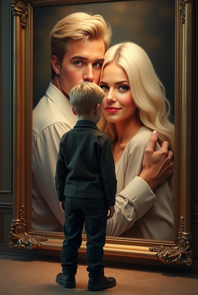 Sad blond boy in modern luxurious clothes looking at huge photo of his parents young couple red-eyed blond haired father and white-haired mother the most beautiful woman in the world hugging