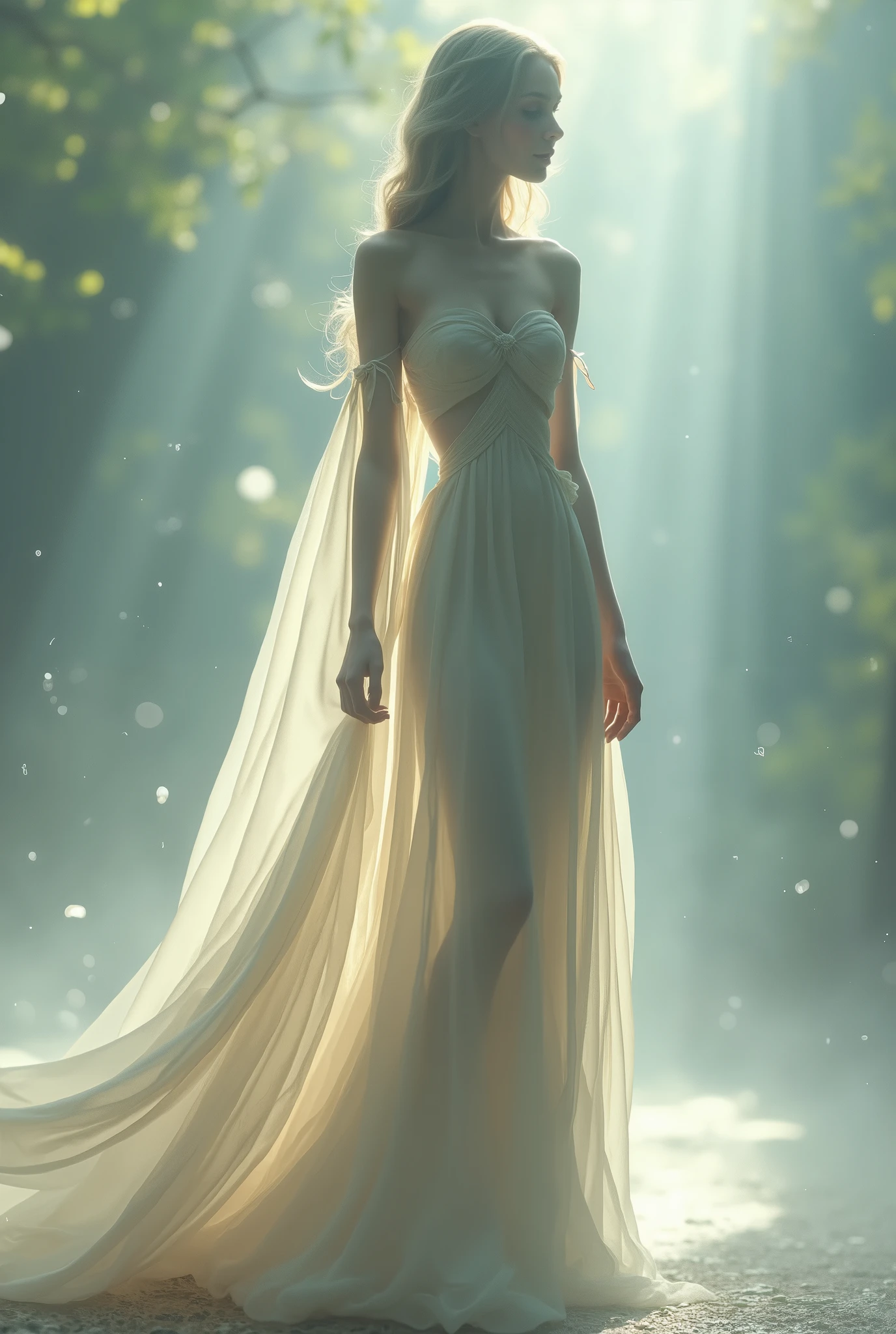 A tall thin waif in a silk gaussian gown 8k,