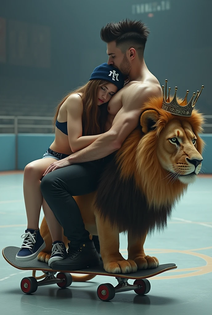 A girl with light brown hair wearing a dark blue cap with the words "M" blank, sentada no colo de um homblank de cabelos escuros com o penteado de topete, the man is muscular and shirtless and is wearing a crown, the man is sitting on a lion with his mane in an emo gothic fringe hairstyle and is on top of a skateboard, the place is an olympic skate court