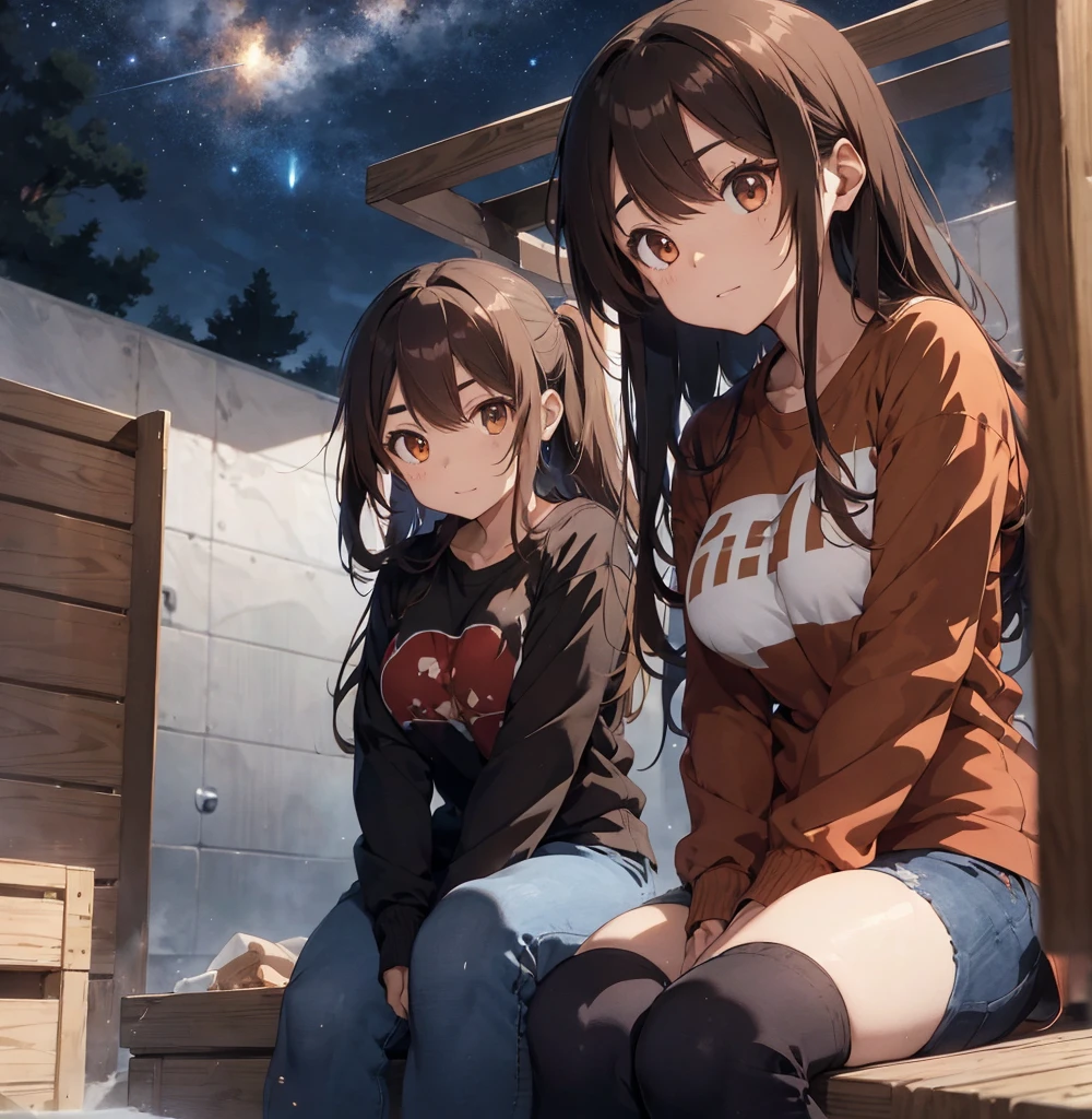 2 female, brown long messy anime hair, huge breast, thick legs, brown eyes, thick eyebrows, black jacket, red t-shirt, jeans, shower tub, sitting, night sky, midnight