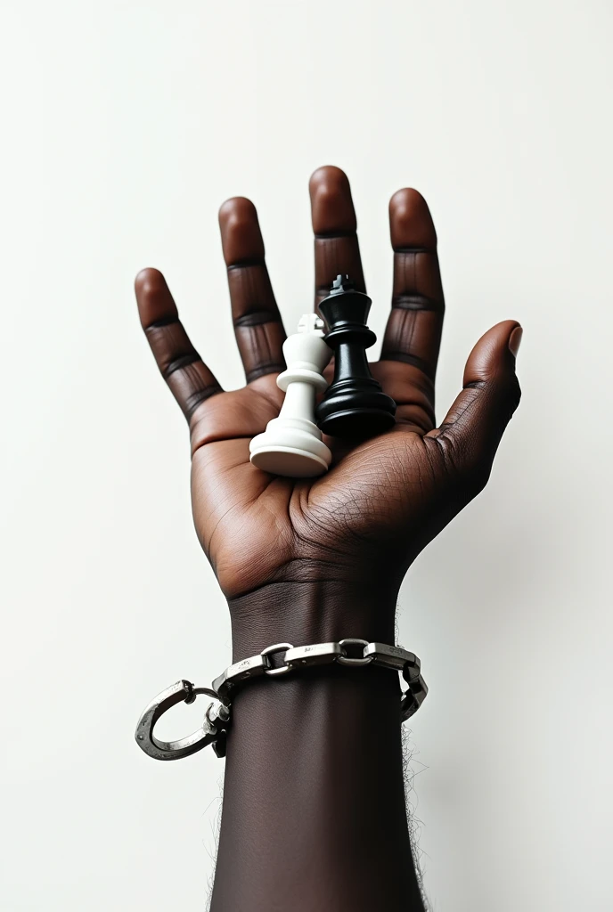 a cover for my slavery book seen from above, A white king and a black chess king on the wounded palm of a Negro, the handcuffed wrist on a white background composed of cottons the name of the book, zombie's( written in Portuguese