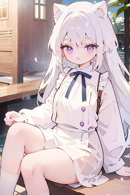 Gray Hair、Purple Eyes、Long Hair、White cat ears、Sitting、White maid outfit、Background sauna